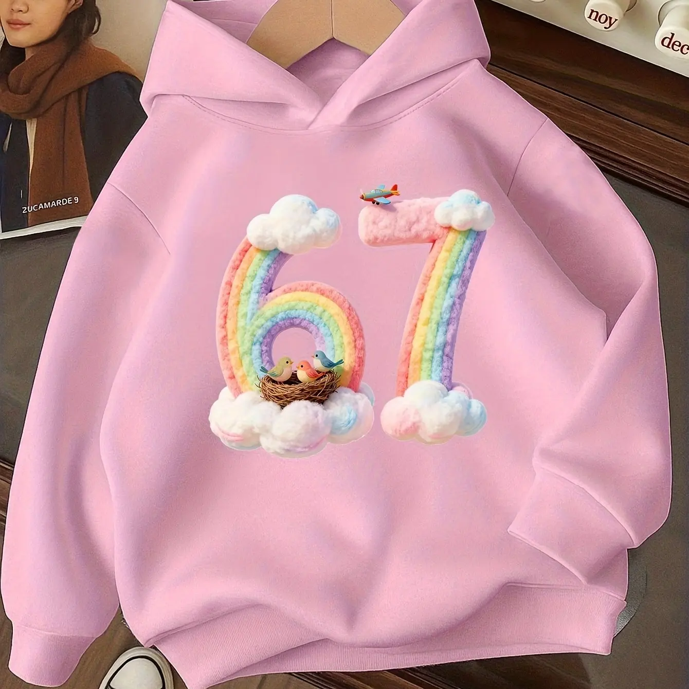 Girls' hooded sweatshirt, Christmas style, sporty design with rainbow cloud and number 