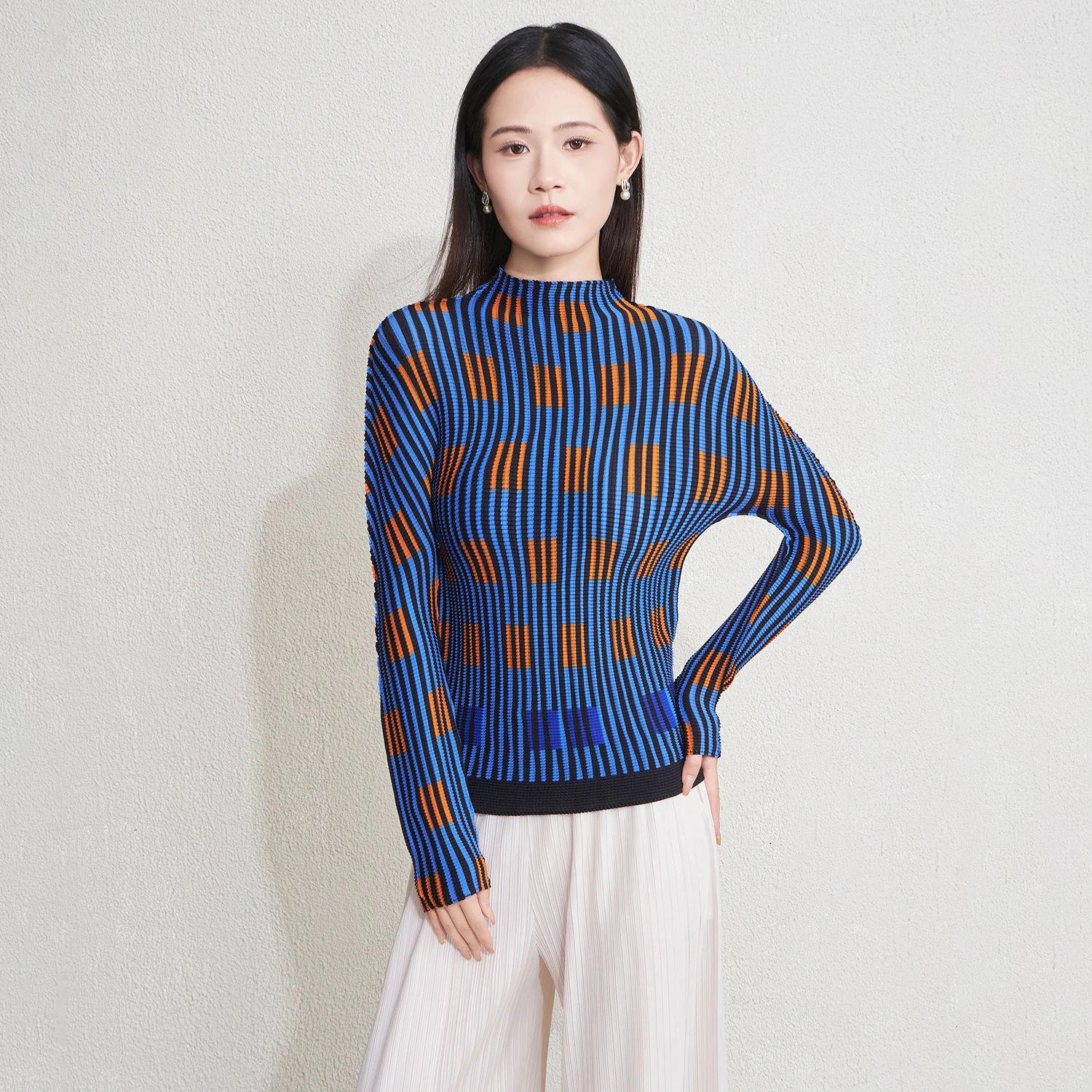 Women's Miyake Pleated Geometric Print Turtleneck Top - Checkered Slim Fit Knit Sweater 2025 Fashion Casual Office Wear