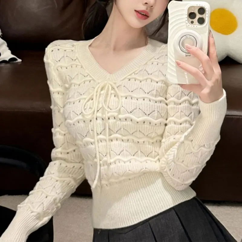 Basic Hollow Out Fashion Drawstring Sweaters Autumn Winter New Solid Color Female Clothing Slim V-Neck Korean Knitted Pullovers