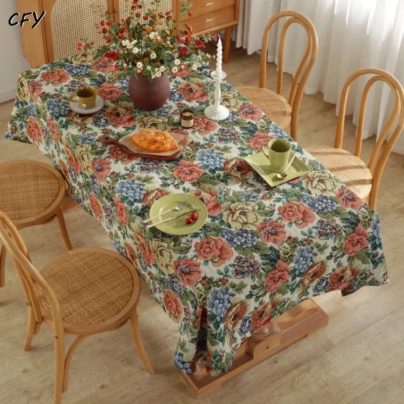 

Cotton Linen Bohemian Rose Print Table Cloth European Colorful Rectangular Tablecloth for Dining Banquet Party Decoration