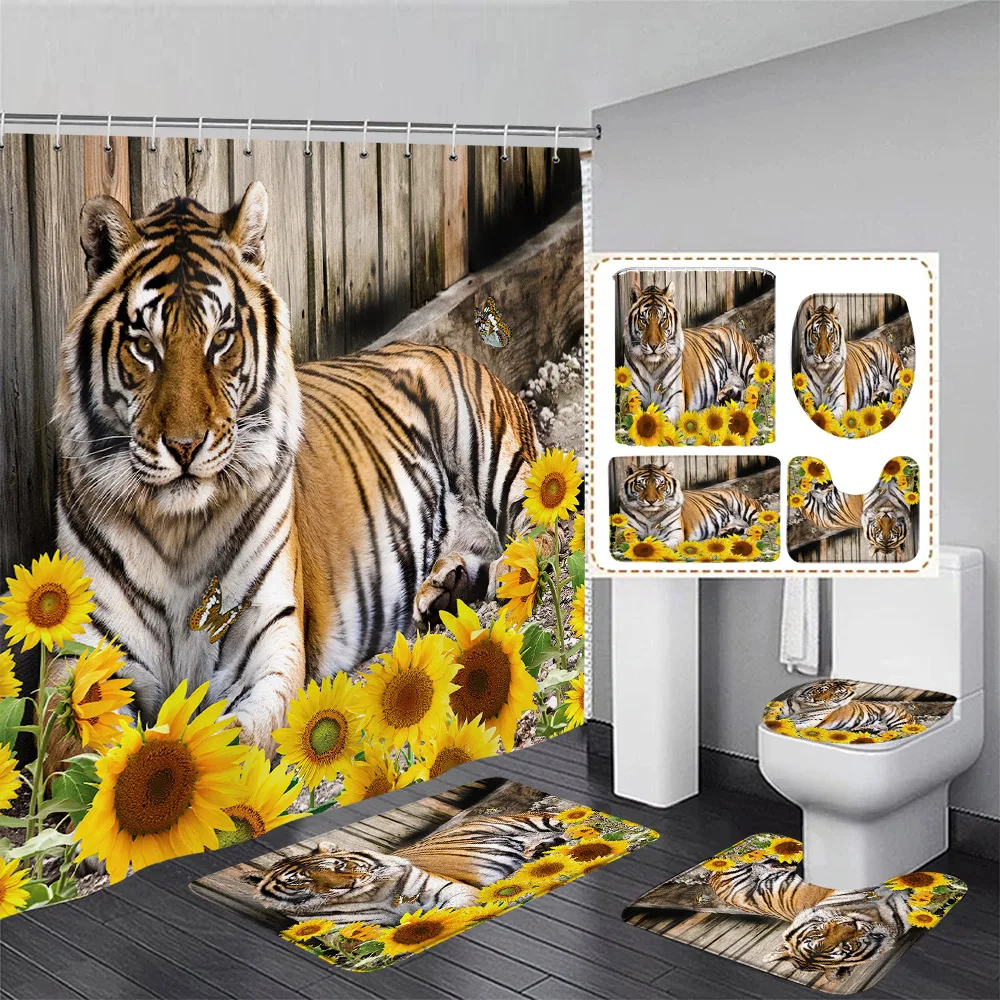 Black Lion Shower Curtain Set Wild Animal Motivational Quote Bathroom Curtains Non-Slip Bath Mat Rug Toilet Lid Cover Home Decor