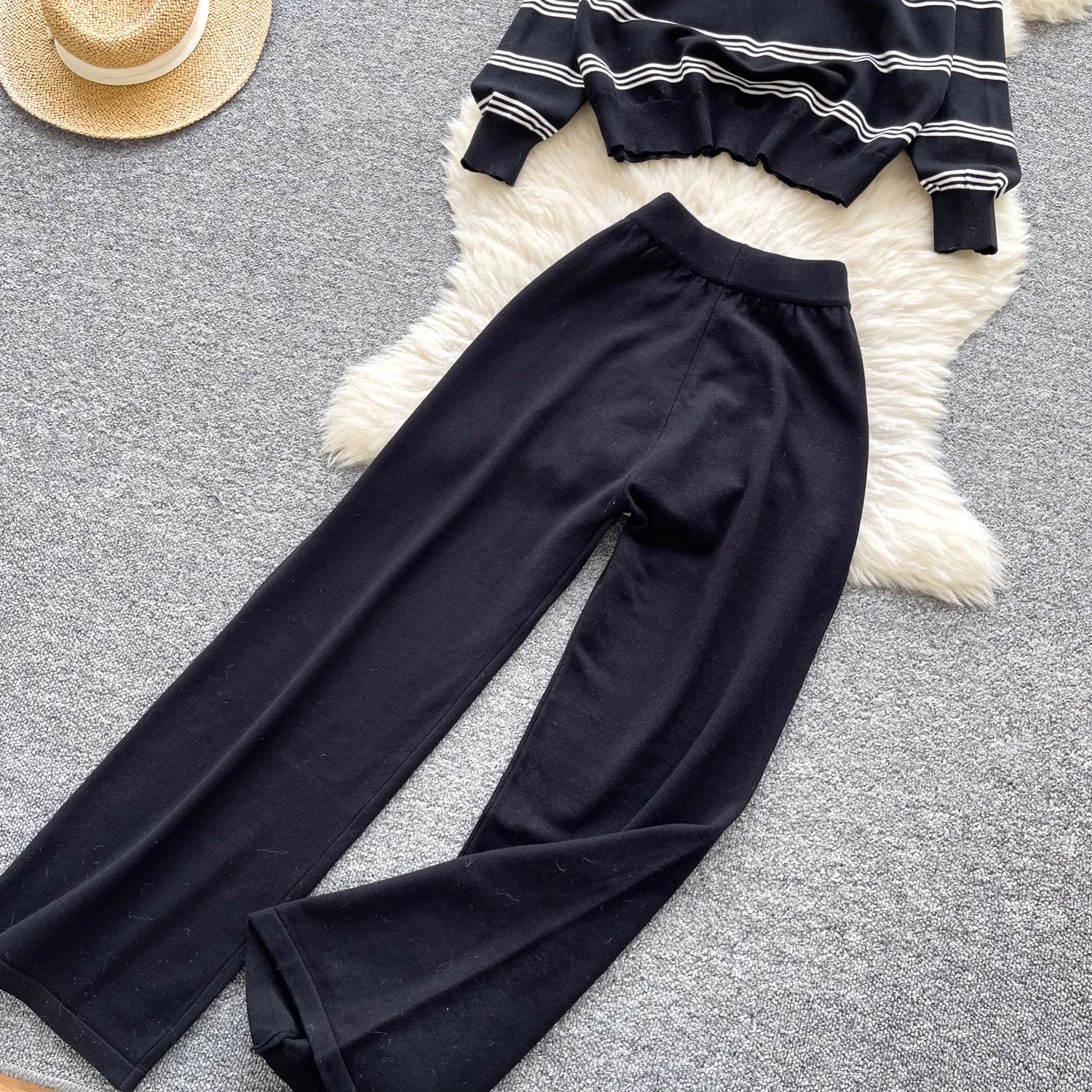 Women Pant Set Two Piece Sets Turn Down Collar Full Sleeve Striped Knitted Tops Wide Leg Long Pants Elastic Waist Y2k Streetwear