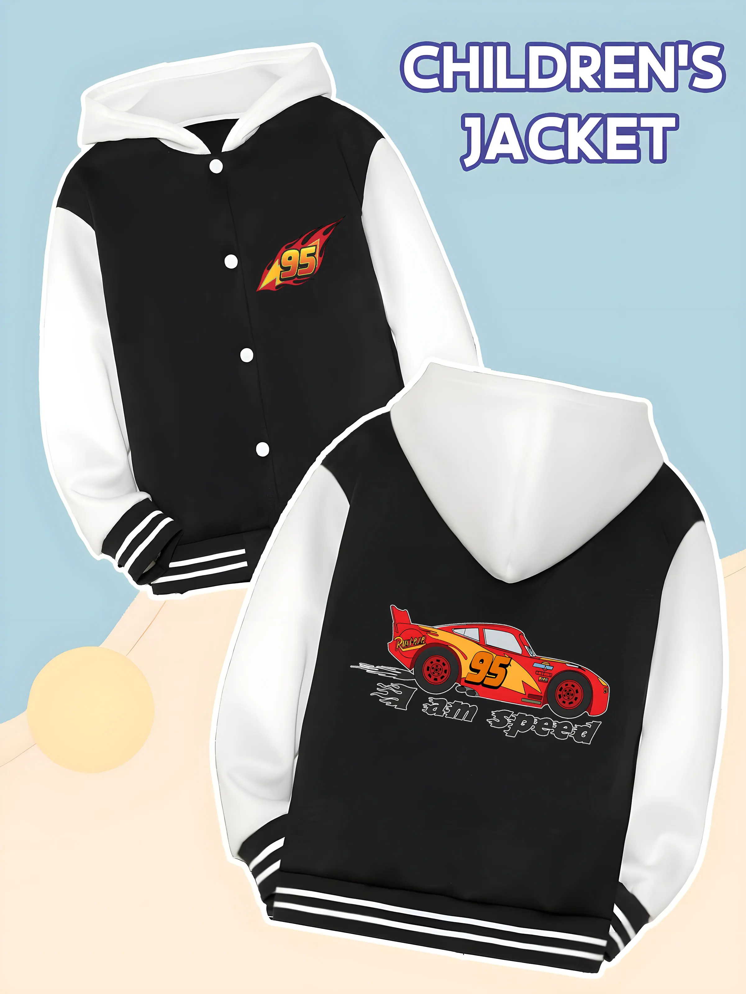 

MINISO Disney's "Cars" McQueen Speed Theme Children's Baseball Jacket - Flame 95 with "I Am Speed" Print, Sportswear