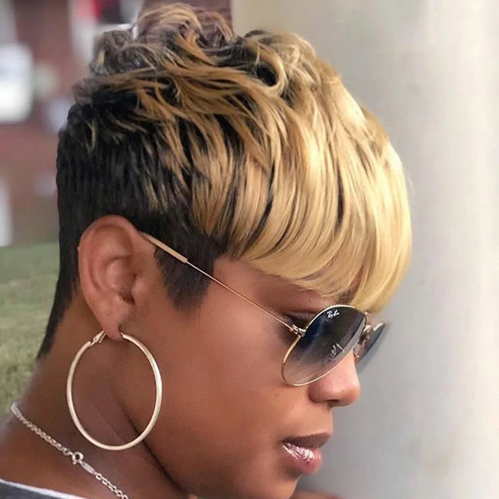 Krótka peruka pixie, kręcone fale, wstępnie wyregulowana linia włosów, peruki dla kobiet, kolor 1B/27, w pełni wykonane maszynowo krótkie peruki z ludzkich włosów.