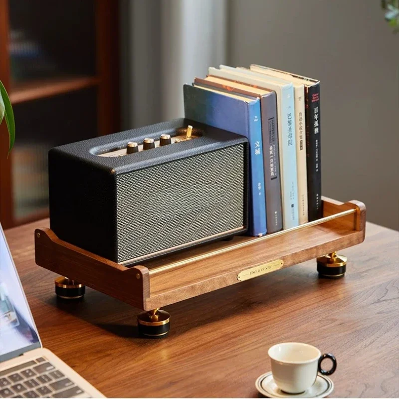Solid Wood Desktop Speaker Stand,Shock-Absorbing Monitor Riser with Metal Isolation Pads,Storage Shelf for Desk&Home Decor