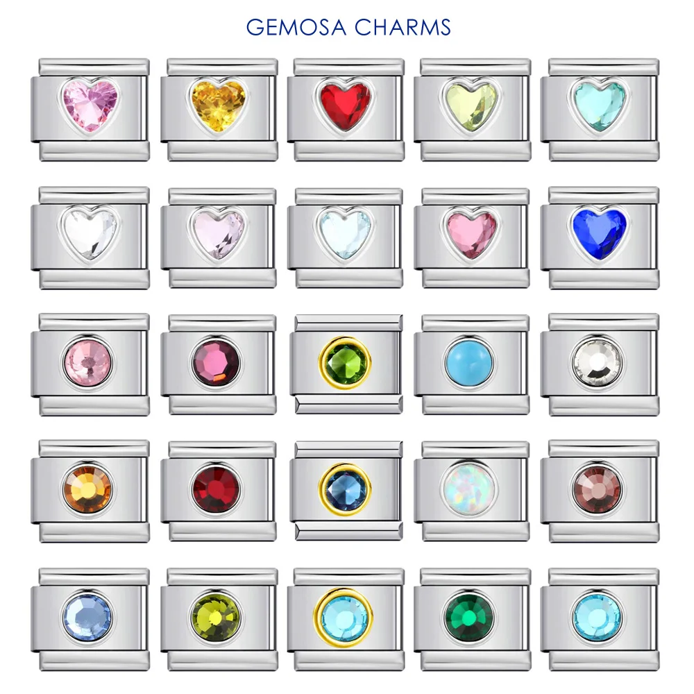 GEMOSA Design Colorful Round Hearts Zircon Female Bracelets Gifts Stainless Steel Italian Charms Link Fit 9mm Jewelry Making DIY