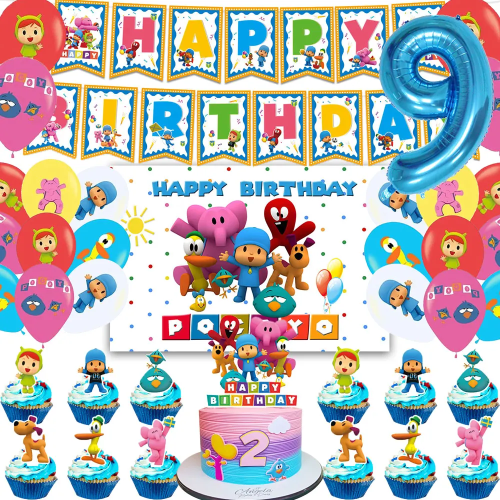 

Pocoyos Cartoon Theme Party Supplie Birthday Banner Background Latex Balloon Decoration Cake Kid Gift Home Photography Props