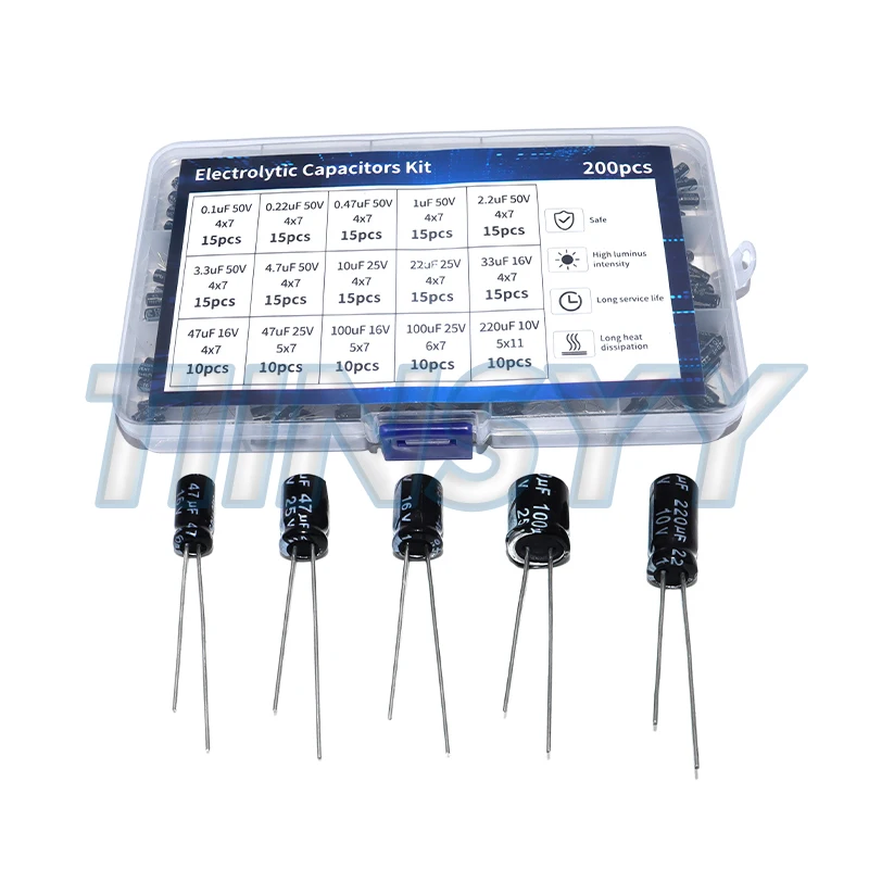 200pcs/lot Electrolytic Capacitor Assortment Kit - 15 Values 10V 16V 25V 50V 0.1uF-220uF - Includes 0.22uF, 2.2uF, 100uF