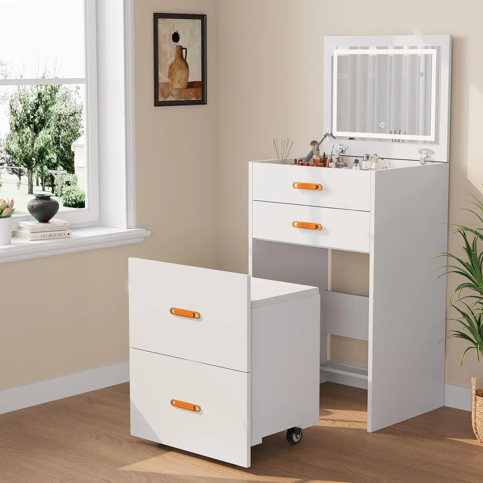 Kleine make-uptafel met spiegel en verlichting, 3-in-1 compacte kaptafelset, nachtkastje, kaptafel met verstelbare 3-lichtsverlichting