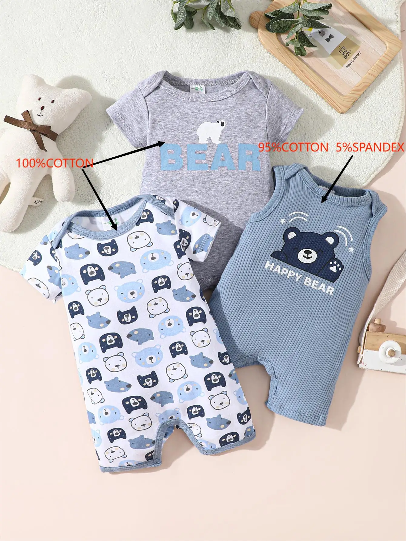 3PCS Boy Baby Summer and Autumn Short sleeved jumpsuit with cute little bear pattern, cotton soft and sweat wicking