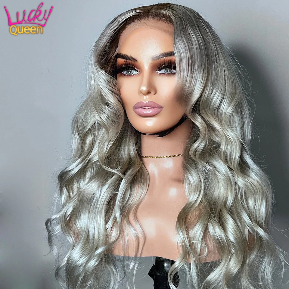 

Ombre Ash Blonde with Brown Roots Lace Front Wig Human Hair 13x4 Body Wave Human Hair Wigs 180% Density Pre Plucked For Women