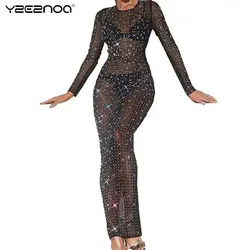 Glitter Female Maxi Dress Mesh See-Through Split Fashion Long Sleeve Slim Sexy Beach Evening Party Cover Up Dress For Women