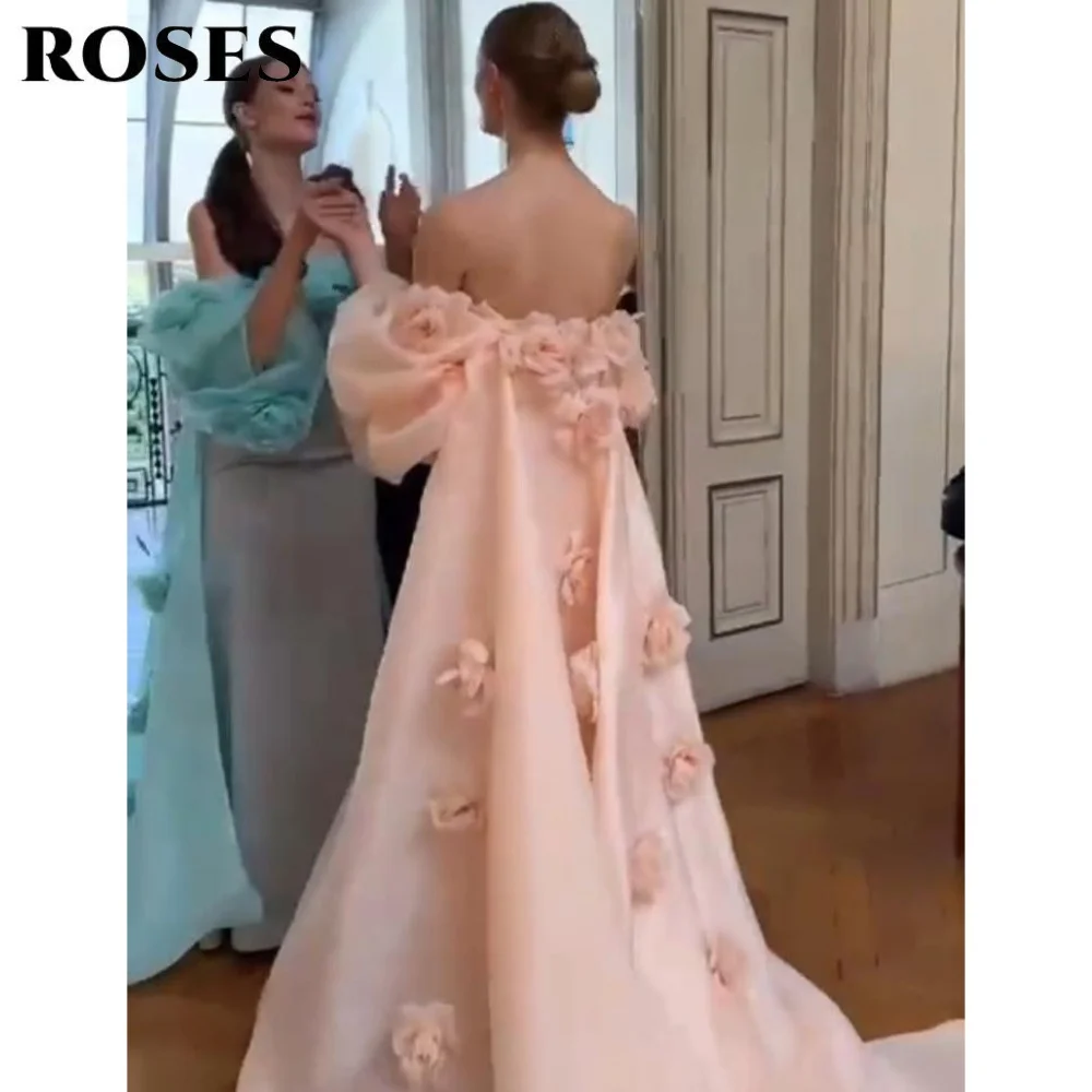 

ROSES Pink Satin Party Dresses Chic Off the Shoulder Night Dress with 3D-Flowers A-Line Wedding Party Dress for Women Customized