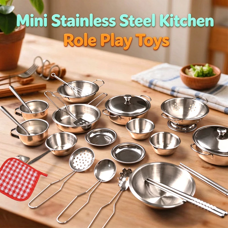 Play Pots and Pans Toys for Kids - Kitchen Playset Pretend Cookware Mini Stainless Steel Cooking Utensils Development Toys
