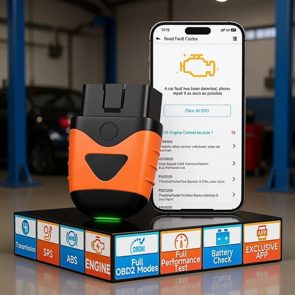 

Универсальный Bluetooth-сканер OBD2 для диагностики кодов неисправностей двигателя и состояния аккумулятора, совместим с автомобилями 1996 года выпуска, iPhone и Android.