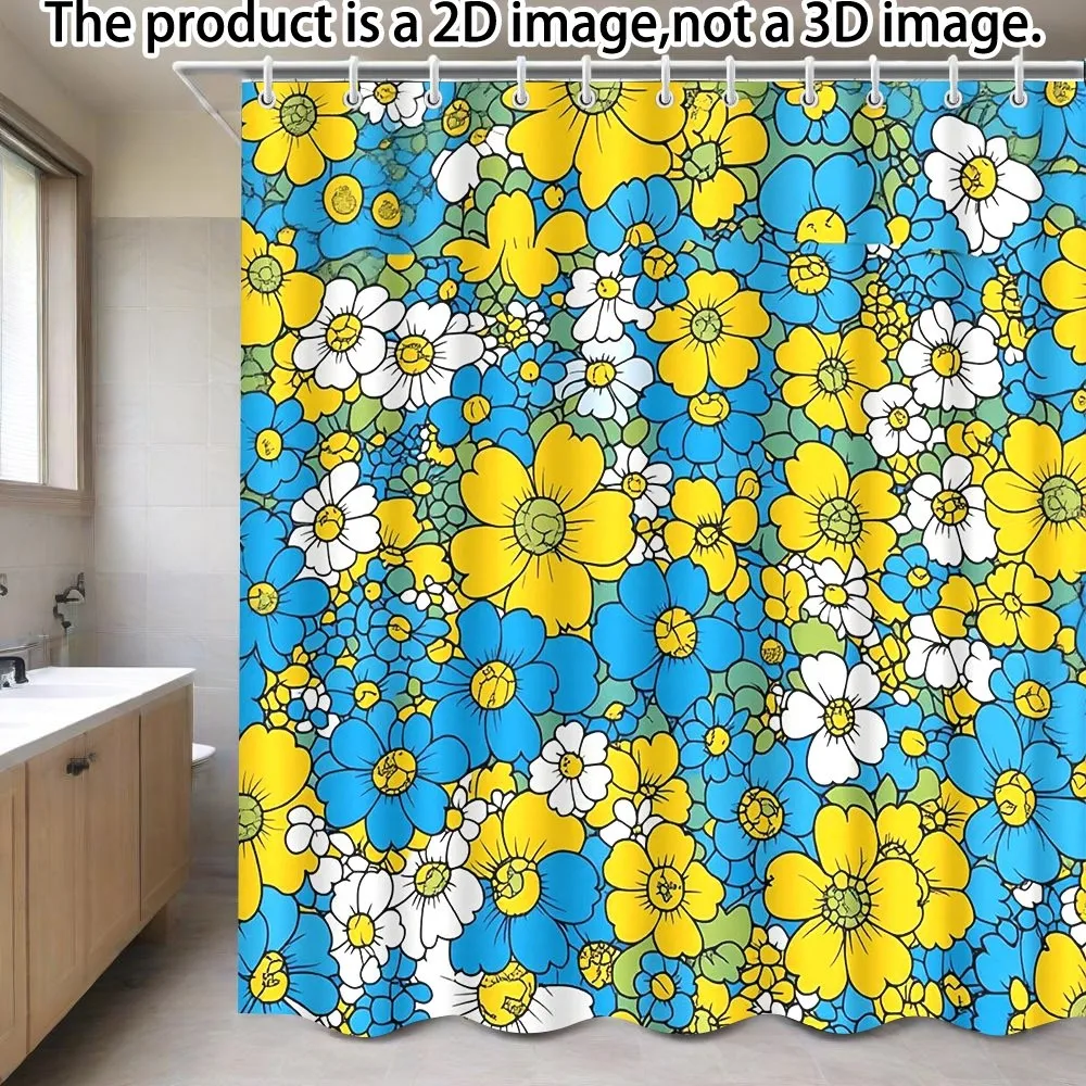 Vibrant Retro Floral Shower Curtain – Bold Yellow, Blue & White Blooms on Teal, 12 Hooks, Machine Washable, Cheerful Decor