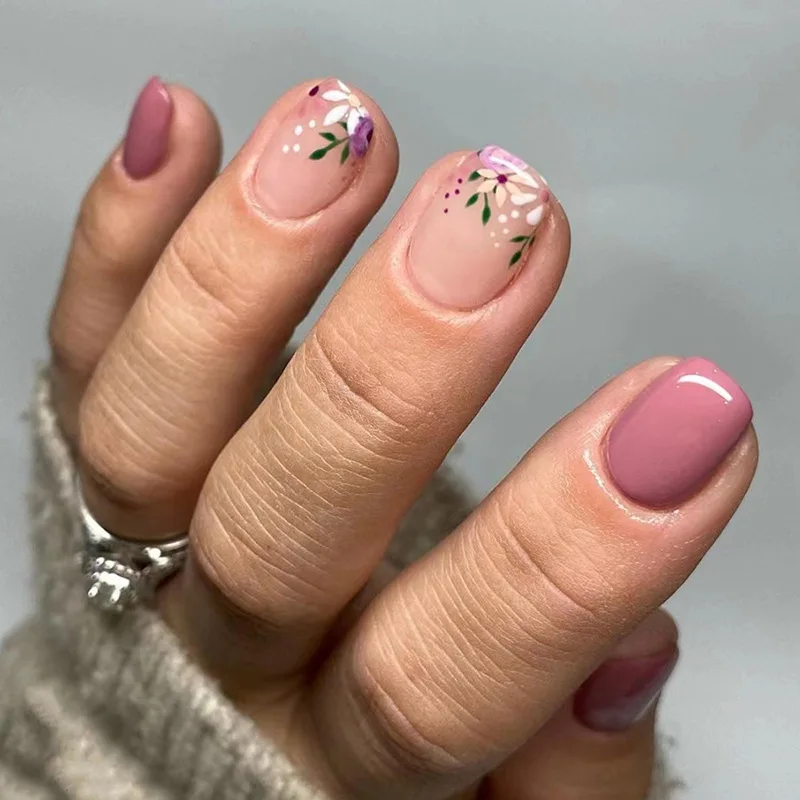 

24pcs Spring Floral Print Press on Nails Pink Short Manicure Wearable Nail for Women and Girls False Nail