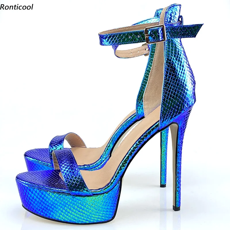 

Ronticool Real Photos Women Summer Platform Sandals Snake Sexy Stiletto Heels Open Toe Gorgeous Blue Club Shoes US Size 5-20