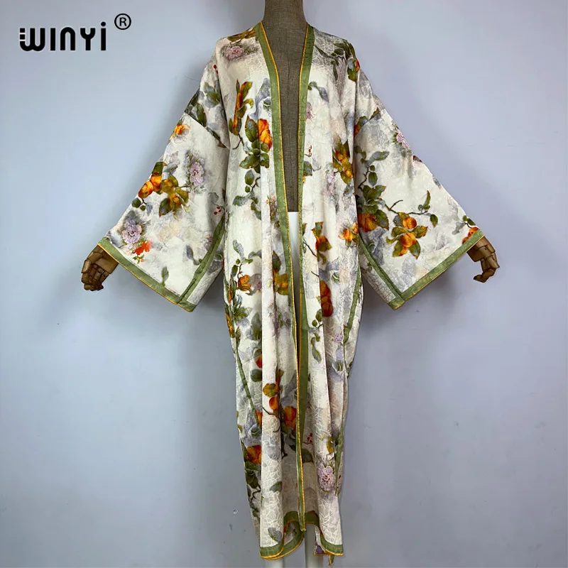 WINYI kimono jesienne wysokiej jakości dwustronne nadruki sukienka jedwabna plażowe kardigan w stylu Boho eleganckie okrycie plażowe damskie Kimono