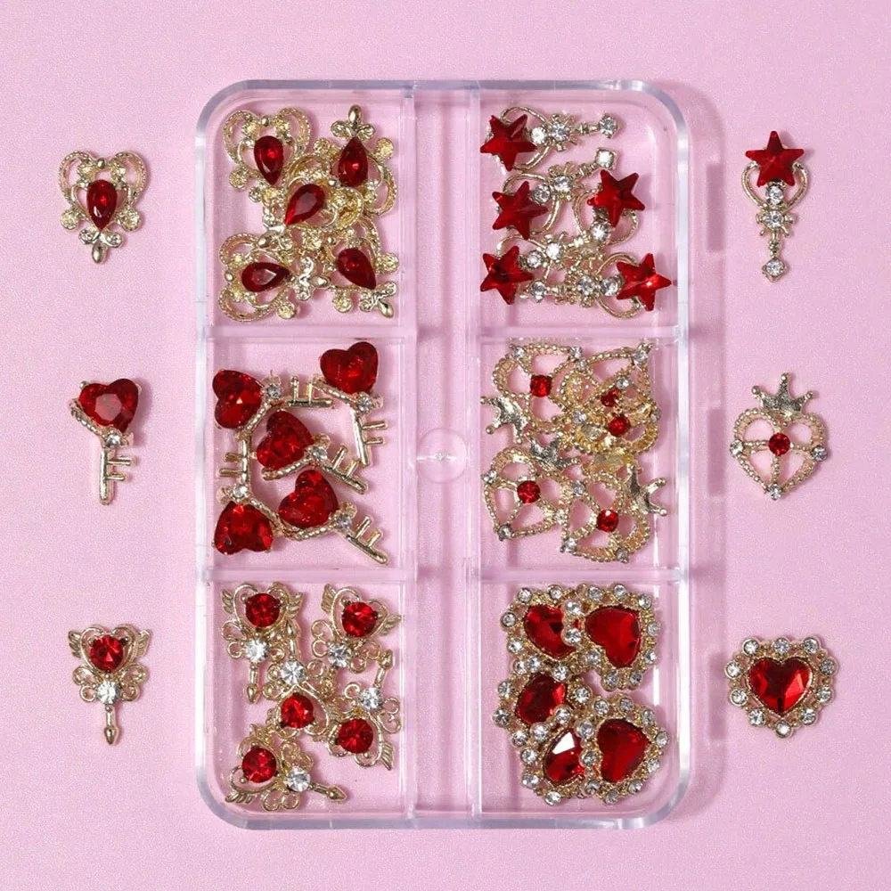 30 stuks Cupido Hart Sleutel Fee Wand Nagel Gem Decoratie Roze Hart Steentjes Nagel Charmes Zilverachtige Bas Kristallen Manicure Sieraden