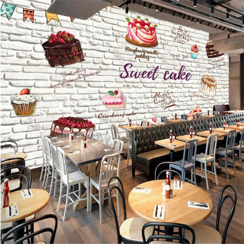 Custom 3D Hand-painted Cake White Brick Wall Background Wallpaper Mural Modern Cake Bakery Shop Industrial Decor Wall Paper 3D