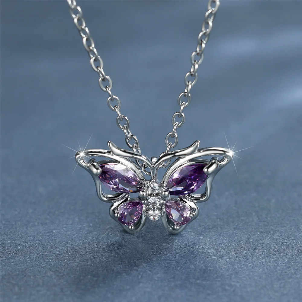 أنثى الأرجواني كريستال الأبيض الزركون حجر عقد بحلية متدلية على شكل فراشة قلادة خمر فضي اللون مجوهرات الزفاف للنساء