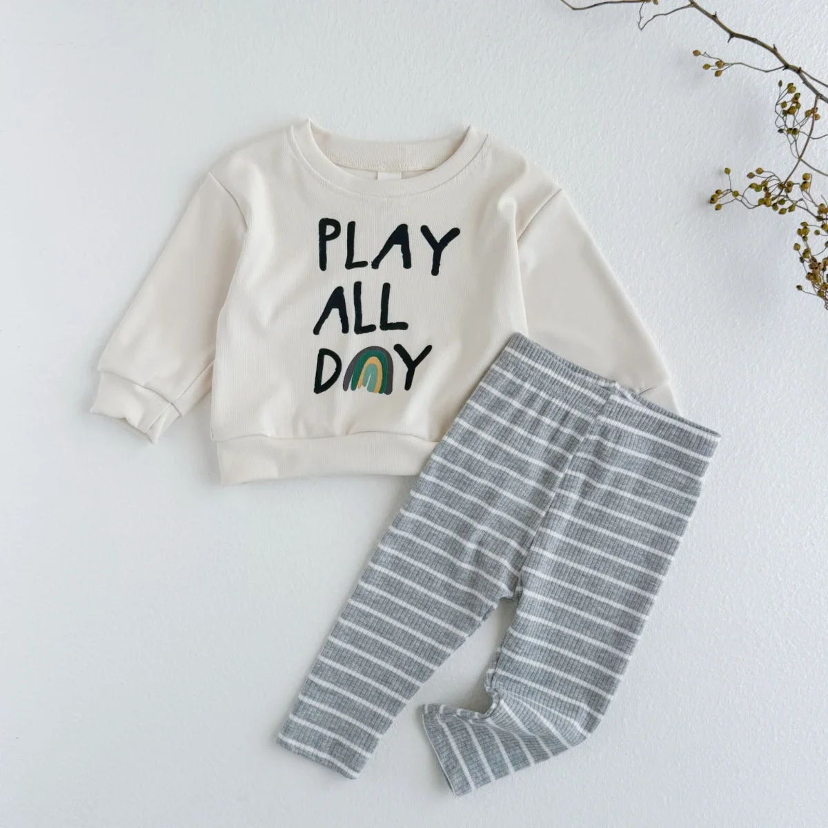 Infant Baby Casual 2Pcs Set Letter Rainbow Graphic Sweatshirt Striped Ribbed Stretch Leggings Daily Wear Outfit