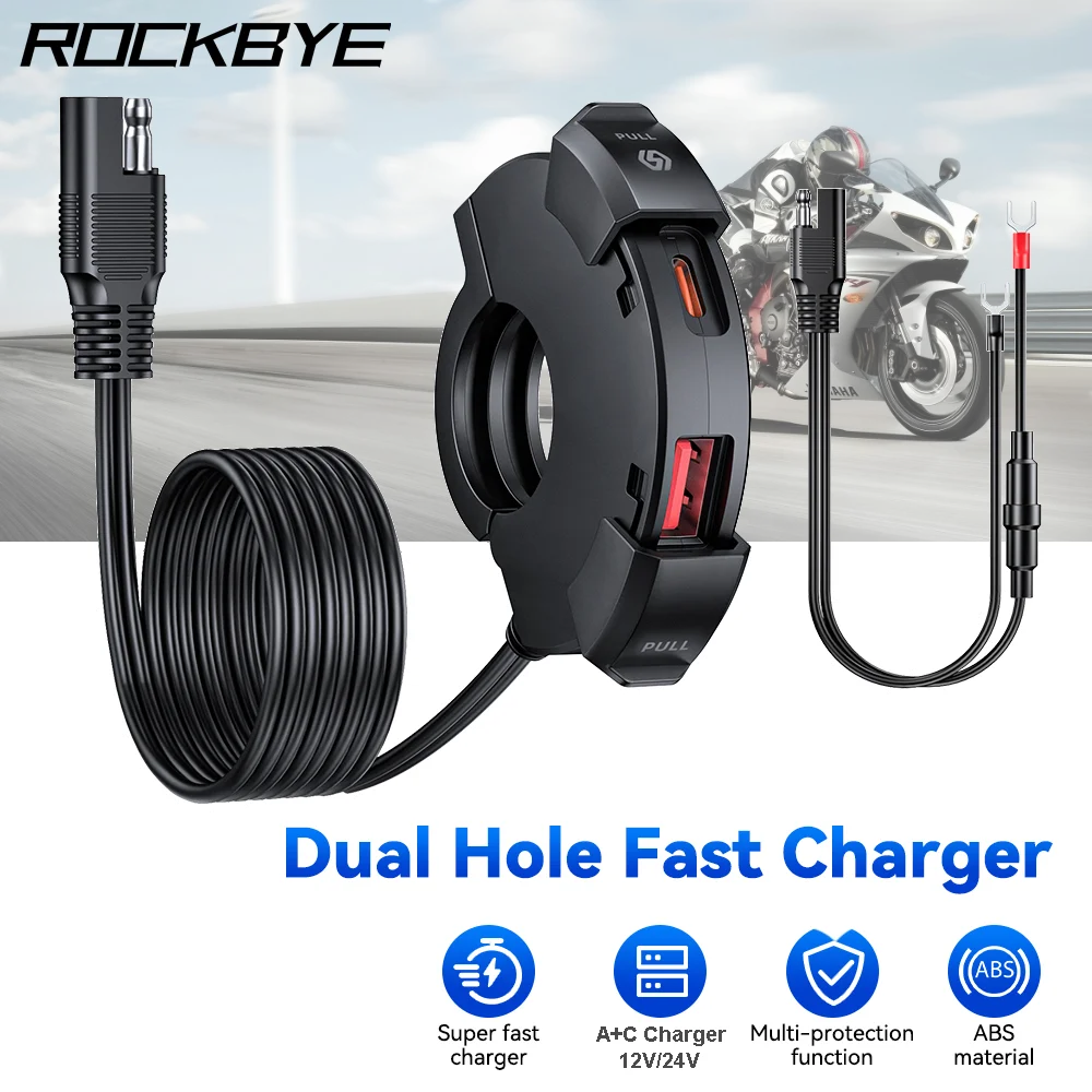 Rockbye Motorcycle USB Fast Charger Waterproof IP65 Dual Charging Motorcycle A+C Charger 12V/24V for Electric Bike,Moto