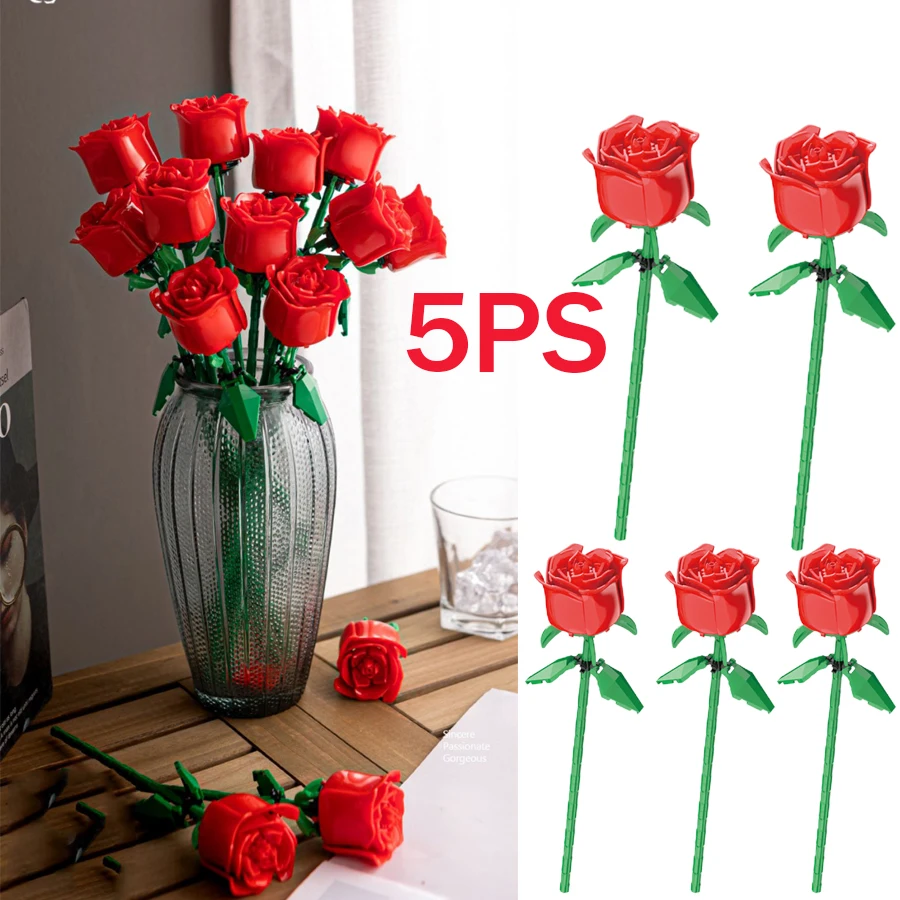 

Романтический букет роз из строительных блоков: креативное украшение для дома и рабочего стола, конструктор для сборки, игрушки-подарки для девочек и женщин.