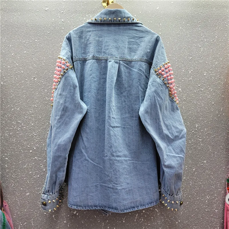 Love bead denim shirt women's 2023 new retro loose fashion jacket Rivet women