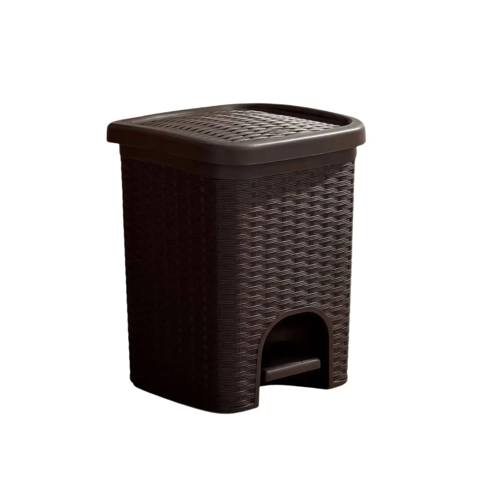 Brown Rattan Finish Pedal Trash Can Space Saving Rectangular Mini Garbage Bin for Kitchen Office Restroom