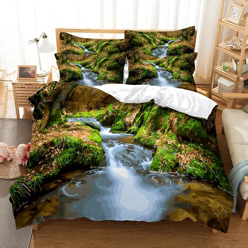 

3D Digital Printing Bedding Set with Beautiful Landscape Pattern Down Bed Cover & Pillowcase - Home Textile