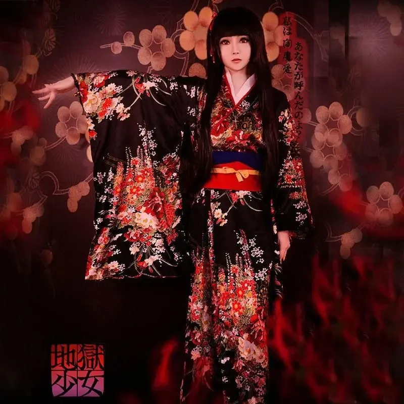 Kimono Jigoku Shoujo Enma Ai vestido de sirvienta Yukata uniforme traje japonés Anime Cosplay disfraces Kimono bata con Obi