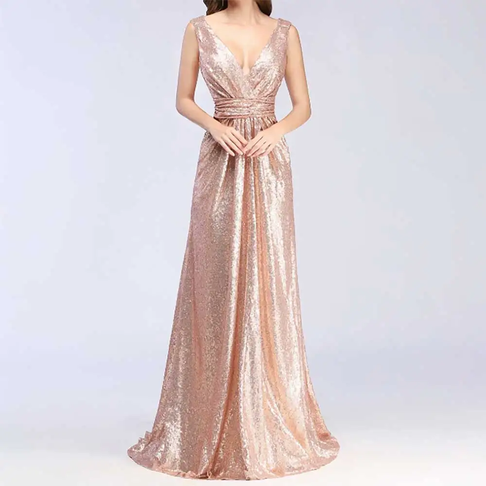 

​Elegant V Neck Sleeveless Plus Size Evening Dress with Belt Open Back Formal Prom Party Dresses Bridesmaid Dresses for Women