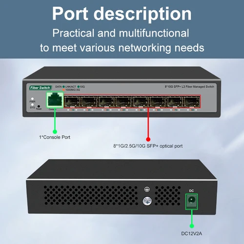 Imagen 2 del producto ONTi 8 10Gb SFP+ puertos L3 Switch de red administrado compatible con DHCP y enrutamiento dinámico compatible con división VLAN y agarración de puertos