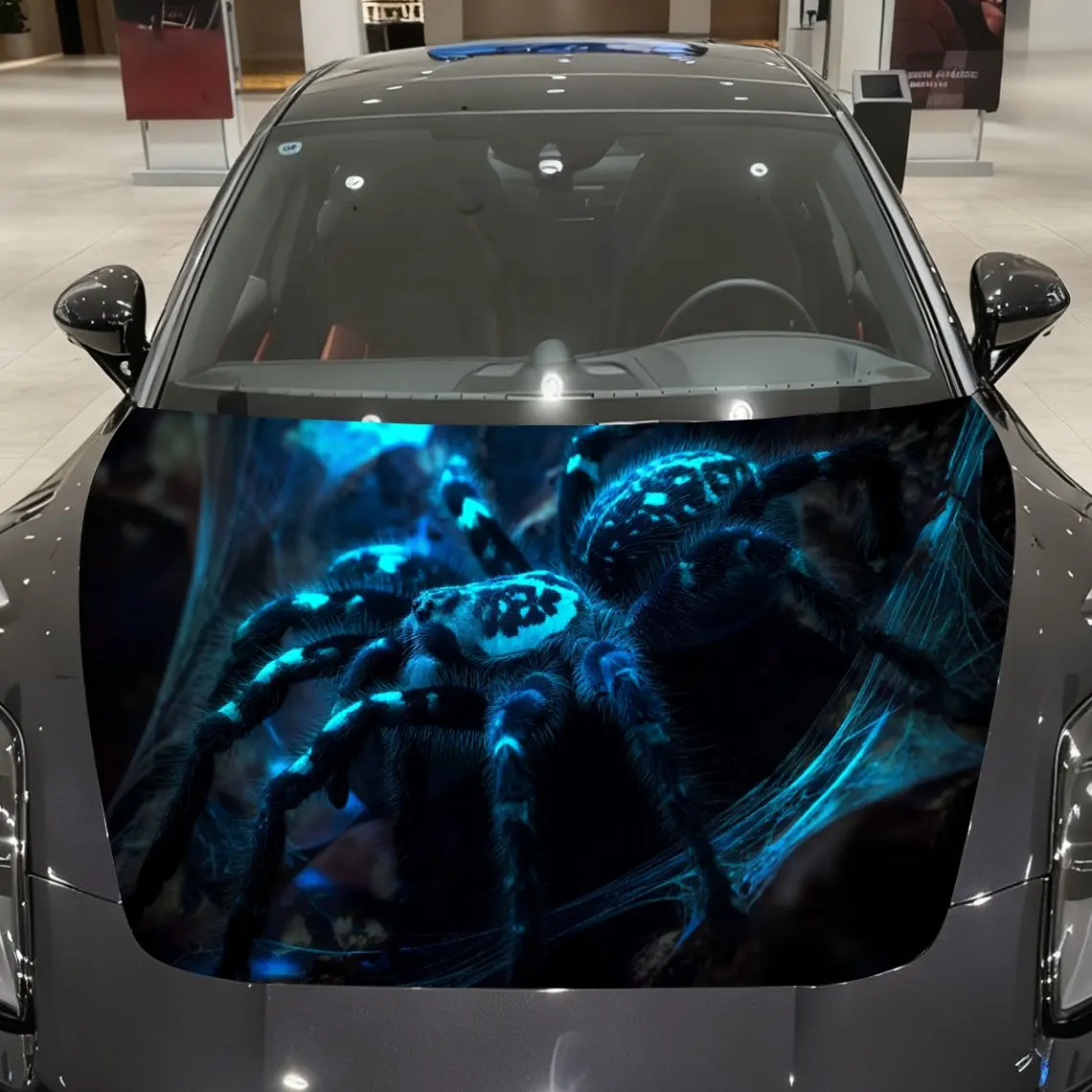 

Fluorescent Blue Spider Car Vinyl Wrap, PVC Material Waterproof Car Hood Sticker, Self-Adhesive Scratch-Resistant Stickers for E