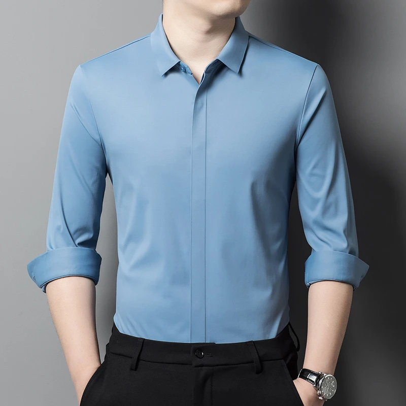 

Hidden Buckle Shirts Silky Smooth Ice Silk Men Long Sleeve Shirt Wrinkle Resistant Iron Free Business Office Wear Party Wedding