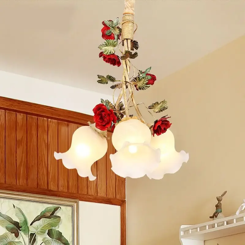 Pastoral Style Dining Room Chandelier Handmade Iron Red Rose 3 Heads, Small Dining Room Bedroom Lamp
