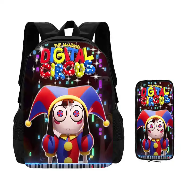 2Pcs Set Amazing Digital Circus School Bags with Pencil Bag, Custom School Backpack for Girl Cartoon Anime Game Kids bags