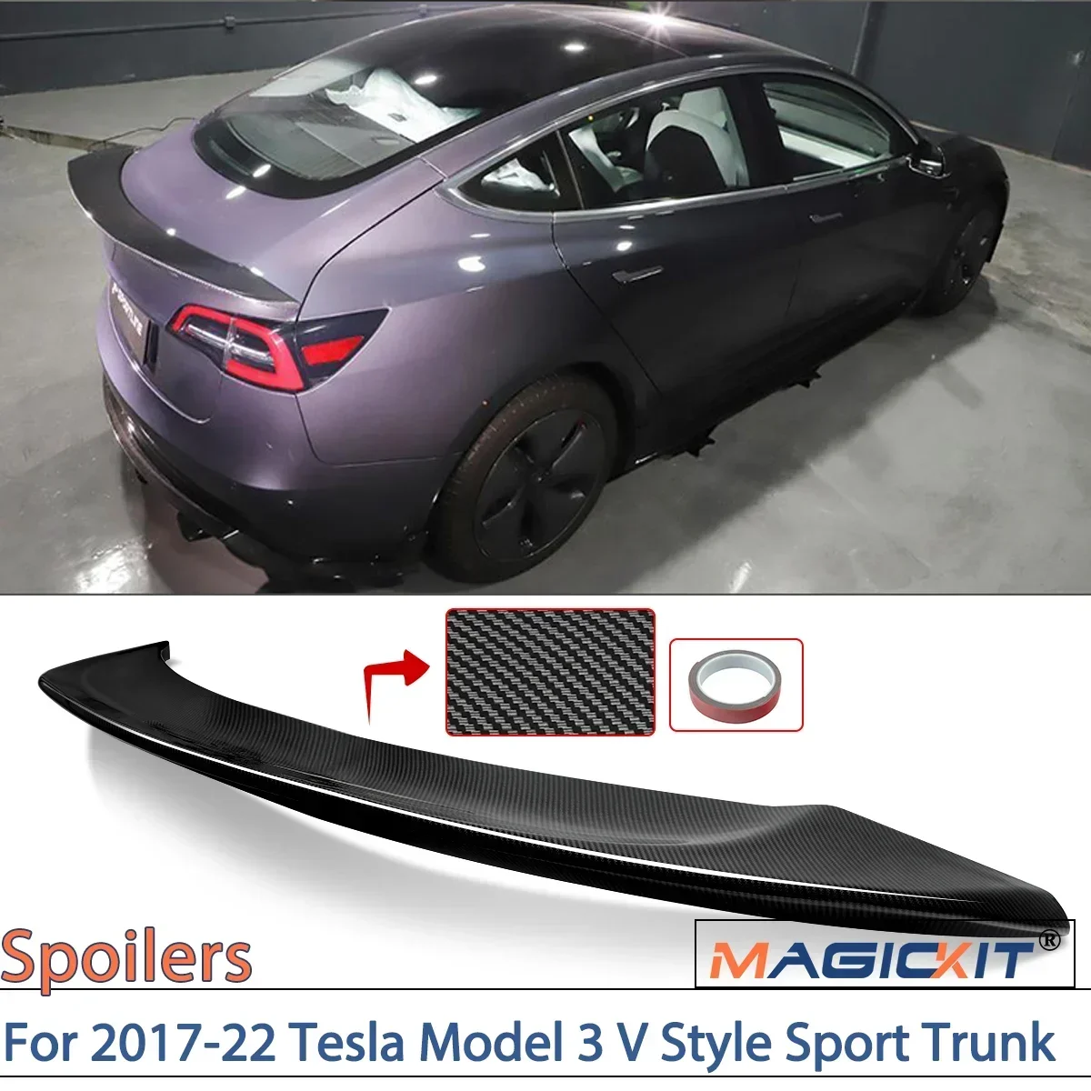 

MAGICKIT For 2017-2022 Tesla Model 3 V Style Sport Trunk Lid Spoiler Wing Carbon Fiber Look CAR accessories ABS Plastic