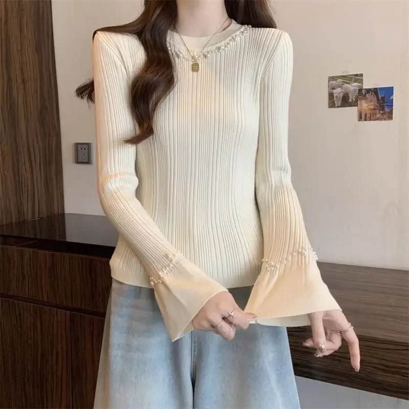 Frauen Koreanische Mode Elegante Chic Perlen Grundlegende Gestrickte Pullover Frühling Herbst Süße Feste O Hals Langarm Schlank Pullover Tops