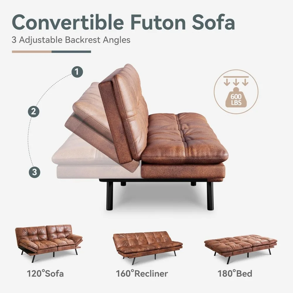 Brown Faux Leather Sofa Bed ，Futon Sofa Bed Convertible Couch with Memory Foam, Adjustable Backrest & Armrests, Multifunctional