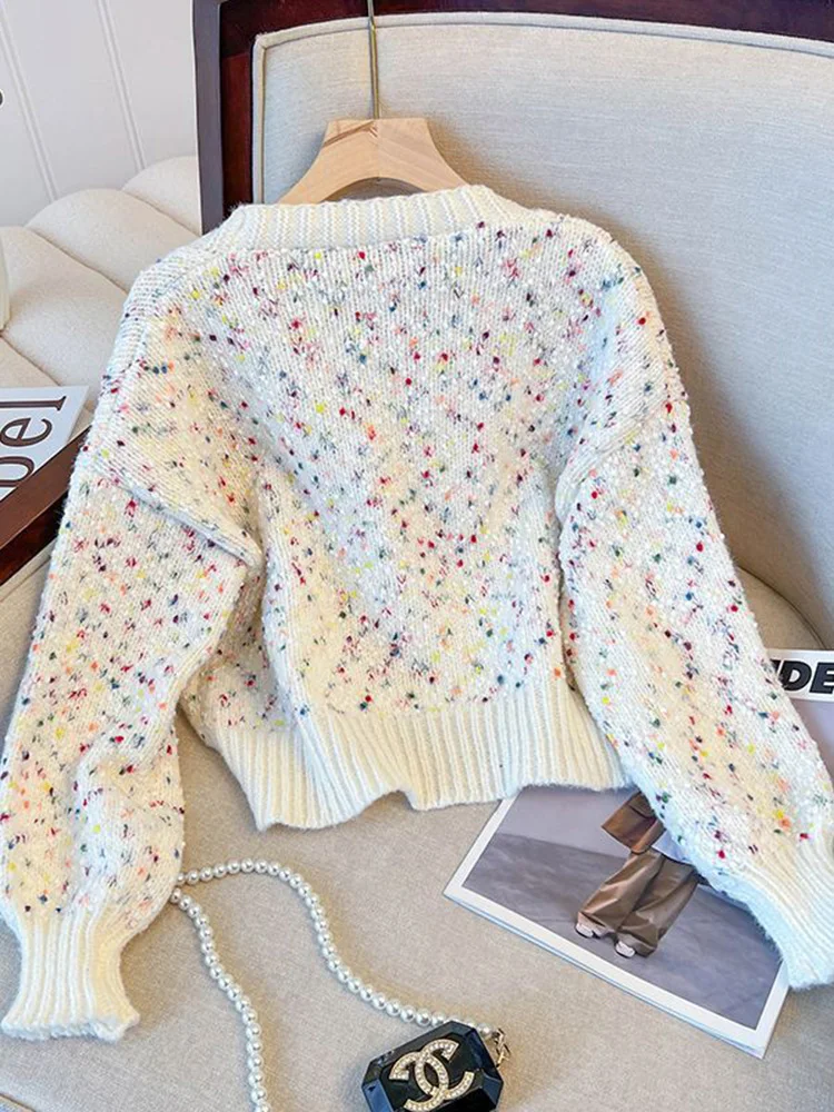 Jmprs Chic Rainbow Dot Cardigan Sweaters Women Sweet Fashion Long Sleeve Korean Knitted Coat Casual Lazy Wind Loose V Neck Tops