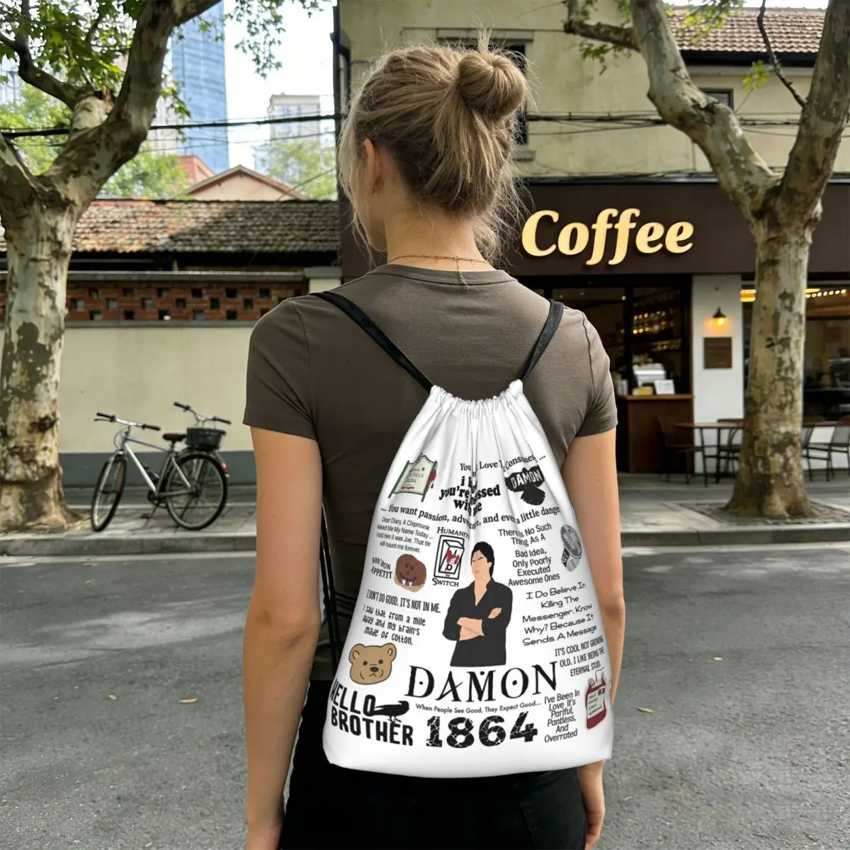 The Vampire Diaries Damon Salvatore TV Series Backpacks Casual Drawstring Bags Sundries Bag Book Bags for Man Woman Students