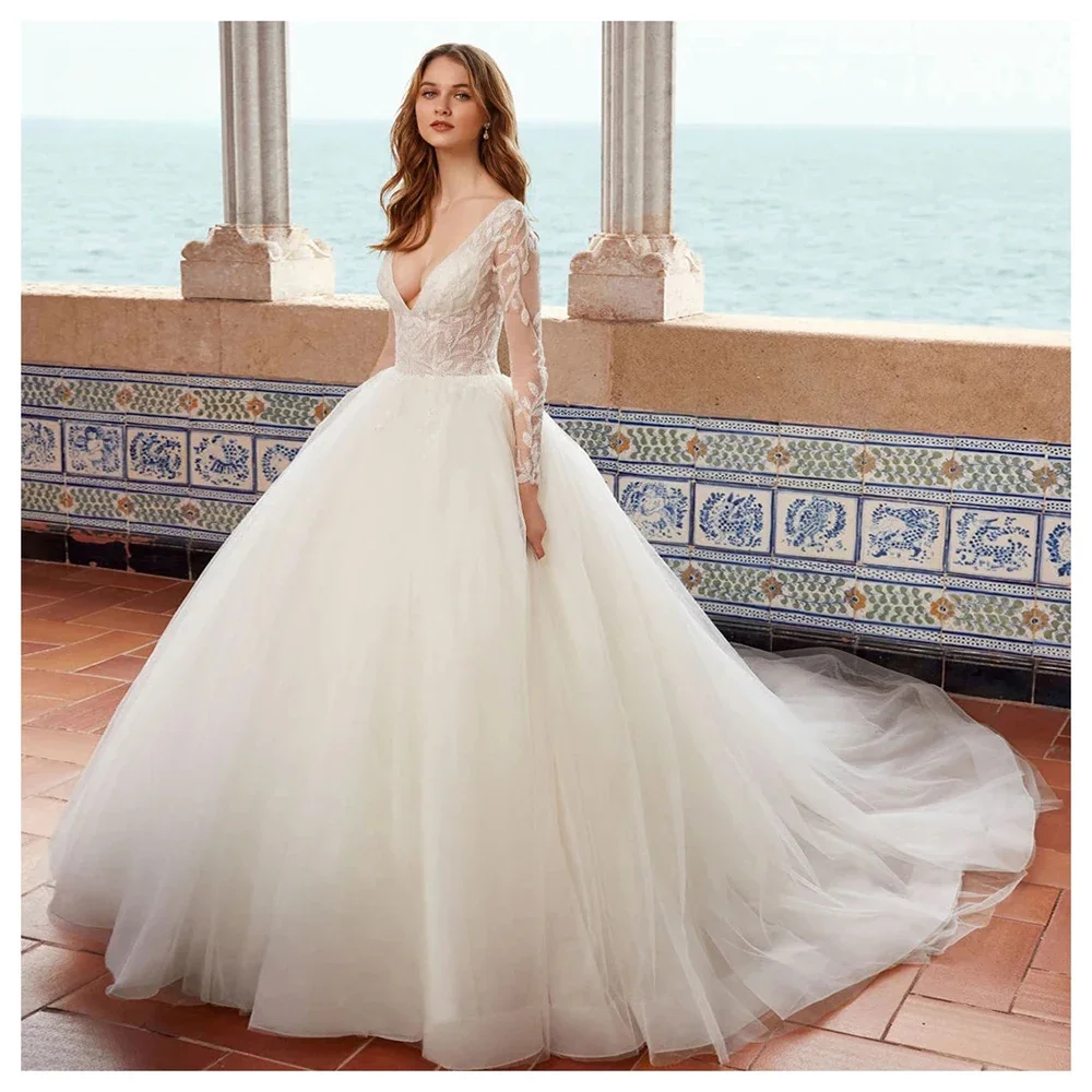 

Flavinke Customized Deep V Neck Wedding Dresses Lace Applique Beaded Full Sleeve Bridal Gown Backless Princess Bride Dresses