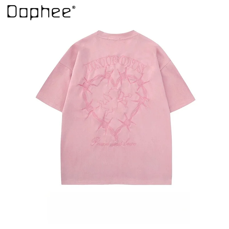 Summer American Retro Pink Thorn Heart Angel Embroidery T-shirt Men Y2K Loose Casual Round Neck Back Letter Streetwear Top