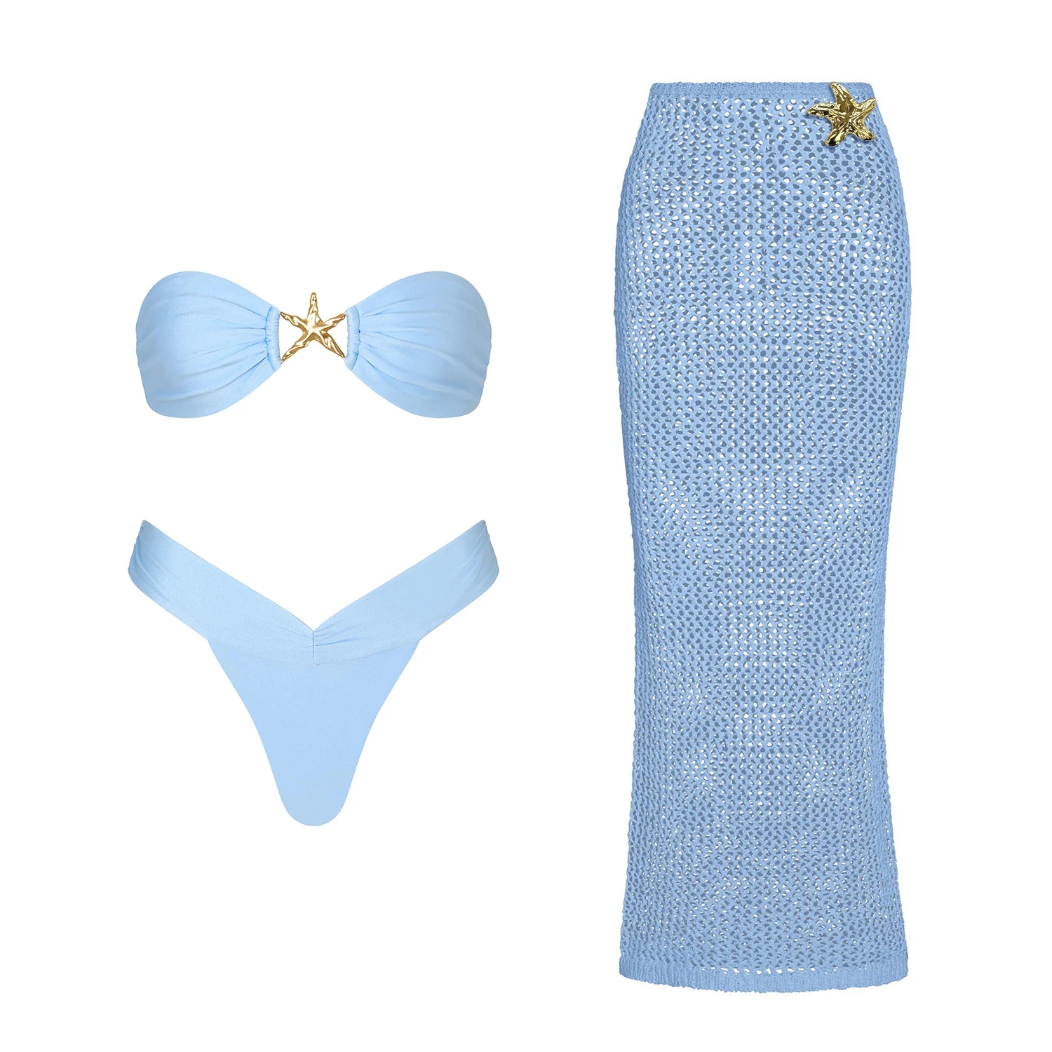 Shiny Star 3Pcs Bikini Sexy Women Swimsuit Push Up Swimwear Female Crochet Cover Up Solid Blue Beachwear Bathing Suit Biquini