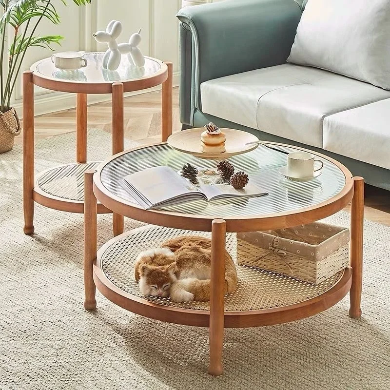 Round Wooden Living Room Coffee Table and Side Table Set with Pattern Glass TOP and Resin Rattan Topped