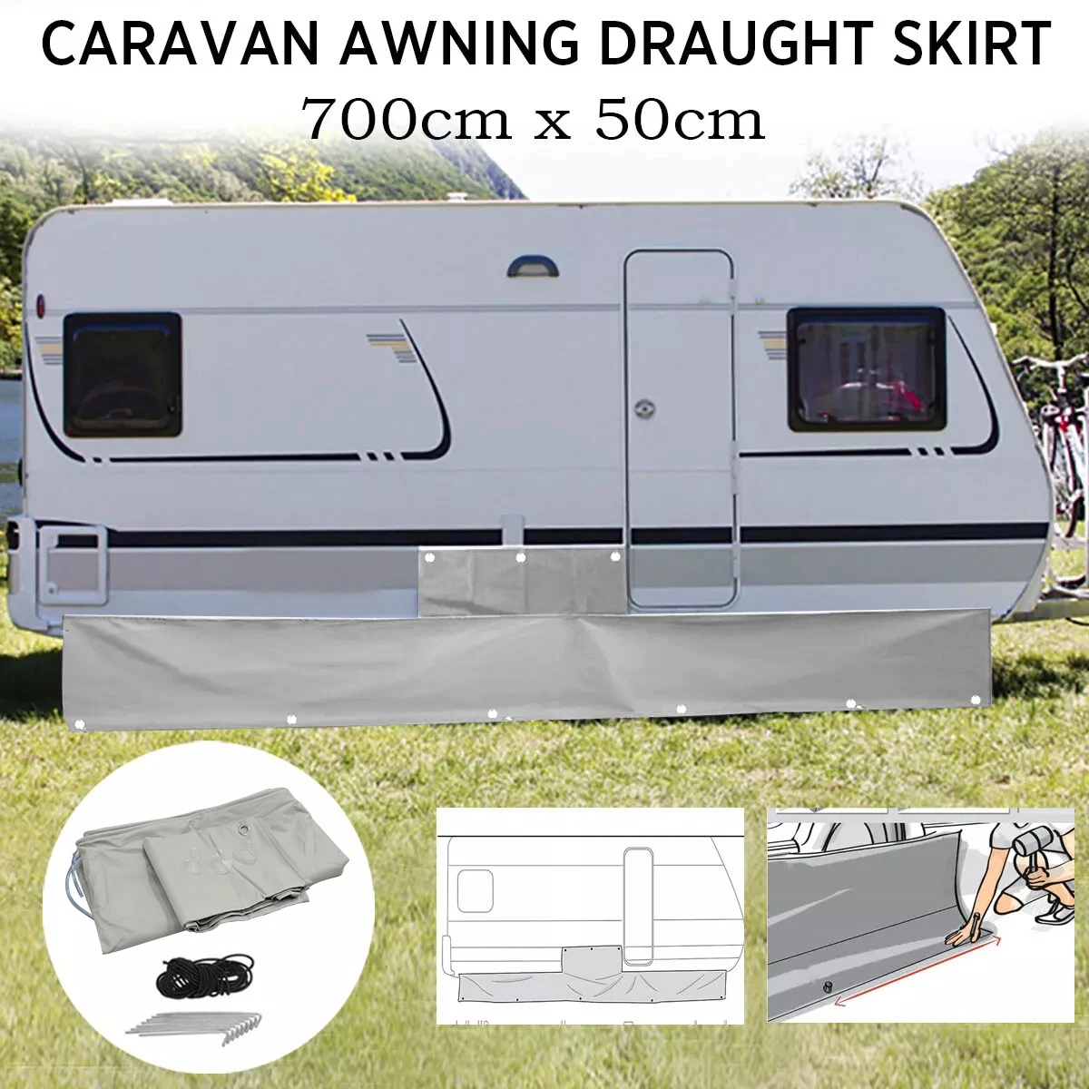 CARAVAN AWNING DRAUGHT SKIRT 7m Length X 50cm Deep with Wheel Arch Covers & Suckers Motorhome Draft campervan