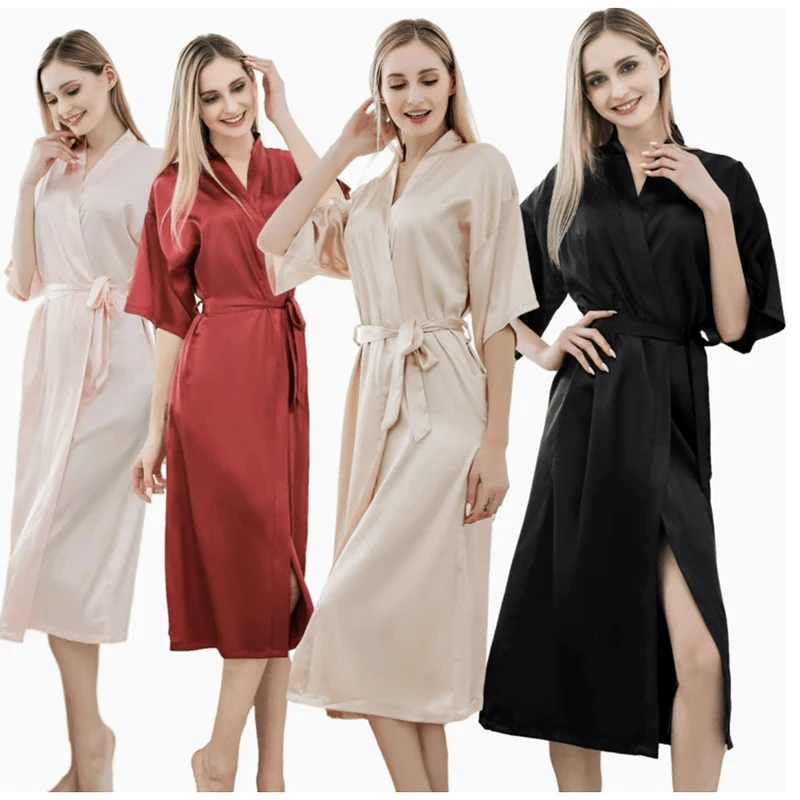 Women's Satin Robe Belted Elegant Solid Color Silky Comfort Bathrobe Loungewear